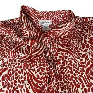 Vintage 26W Bob Mackie 100% SILK BLOUSE Red & White Animal Print Zebra Button